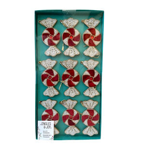 Jingles & Joy 9 Glass Beaded Red White Peppermint Candy Christmas Ornaments 4.5"